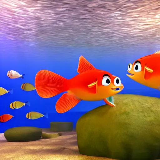 Prompt: a 3d render of two fish underwater watching a boat , in the style of a pixar cartoon, disney cartoon