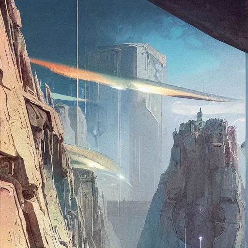 Prompt: view from below of an arcology driven like a spear into the glacier, rust-colored waterfalls pouring from its upper balconies, blue radiation glow beneath, science fiction concept art by Greg Rutkowski and Moebius and Le Corbusier