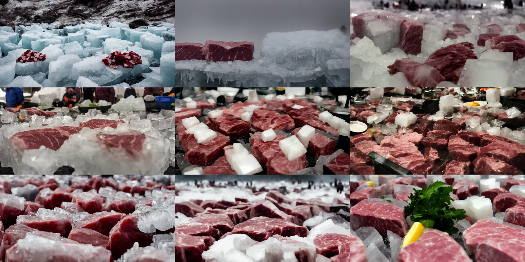 Prompt: photo, front view!!!!!!!! of an ice bloc full of meat, foggy, very blurry, out of focus, white limbo