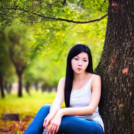 Prompt: photo of a pretty, mysterious, young woman, sitting by a tree, real photo, sharp quality, real camera, extremely detailed, face, eyes, hands, body, dslr, 8 k, wideangle