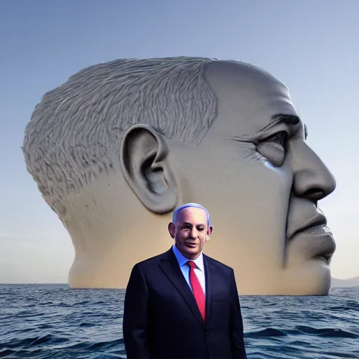 Image similar to a giant benjamin netanyahu sculpture made out of jelly, in the sea, long shot, hyper detailed, hyper realistic, ray tracing, 8 k resolution, sharp focus, realistic water, award winning