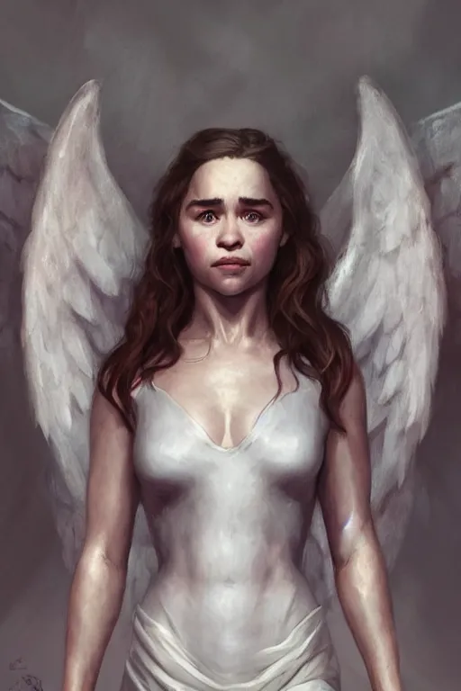 Image similar to Emilia Clarke as an Angel, anatomy, only two hands, highly detailed, digital painting, artstation, concept art, smooth, sharp focus, illustration, Unreal Engine 5, 8K, art by art by artgerm and greg rutkowski and edgar maxence