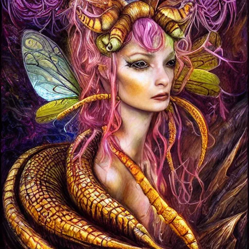 Image similar to portrait of a scorpion fairy, fantasy, whimsical, horror, art by josephine wall and and hr geiger and chengwei pan, intricately detailed, highly detailed, luxurious, elegant, clean, unsettling, trending on artstation