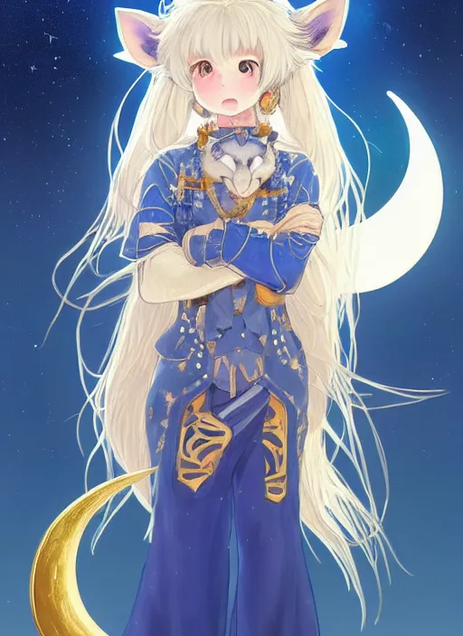 Image similar to commissioned full body portrait of a female anthro wolf princess fursona with a furry wolf head and white hair wearing a blue and gold Japanese armored dress in a white and gold palace on a starry night with a large crescent moon, by a professional manga illustrator, Stanley Artgerm Lau, WLOP, Rossdraws, James Jean, Andrei Riabovitchev, Marc Simonetti, and Sakimichan, trending on artstation