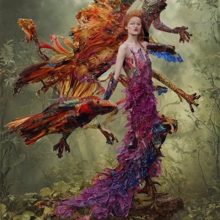 Prompt: a fashion editorial of sadie sink as a brightly colored eagle amphibian hybrid with wet translucent mutated skin. wearing a mutated organic dress. by tom bagshaw, donato giancola, hans holbein, walton ford, gaston bussiere, peter mohrbacher, brian froud and iris van herpen. 8 k, cgsociety