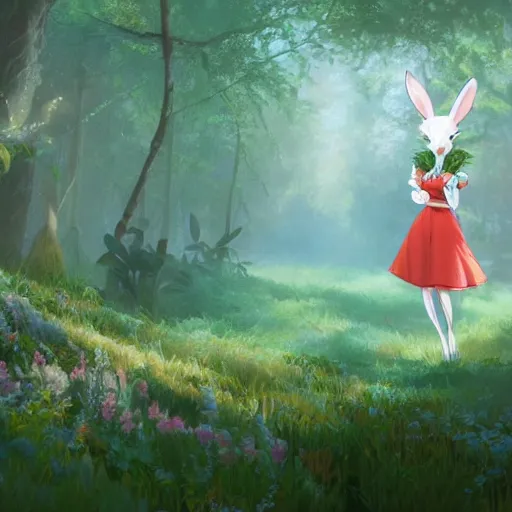 Image similar to concept art painting of an anthropomorphic white rabbit wearing a turquoise dress, in the deep forest, realistic, detailed, cel shaded, in the style of makoto shinkai and greg rutkowski and james gurney