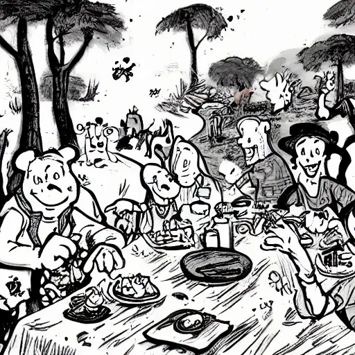 Image similar to illustration of zombie picnic in the style of Winnie the Pooh A. A. Milne