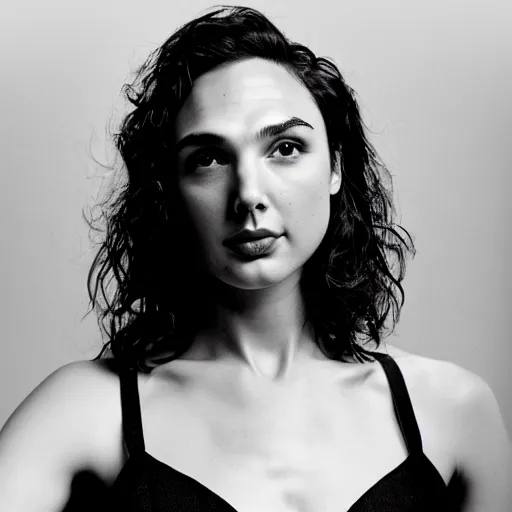 Prompt: photo of Gal Gadot by Diane Arbus, extreme closeup, black and white, high contrast, macro lens