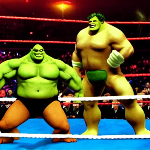 Image similar to shrek and John cena tag team fight vs andre the giant and hulk hogan at wrestlemania 8, dramatic lighting ,
