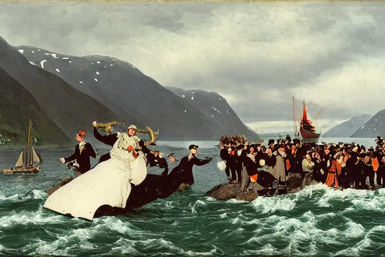 Image similar to a walrus attacking the bridal procession on the hardangerfjord by hans gude, adolph tidemand