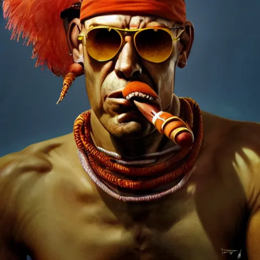 Image similar to hunter s. thompson as dhalsim street fighter, ultra realistic, concept art, intricate details, highly detailed, photorealistic, octane render, 8 k, unreal engine, art by frank frazetta, simon bisley, brom