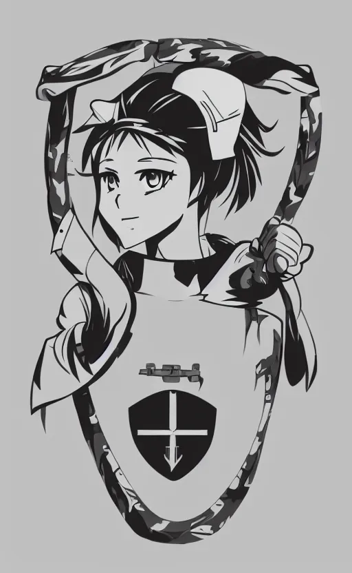 Prompt: shoulder patch design, soldier girl, anime style, clean logo design, military insignia, no text, soldier clothing, realistic military gear, 70mm, inspired by shirt producer, made in photoshop, no background, vector line art, by professional designer, smooth
