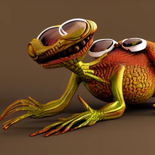 Prompt: amphibious alien with brown scales and round body with big goggles, lab coat, character design, 3D render, smooth, highly detailed, cartoon