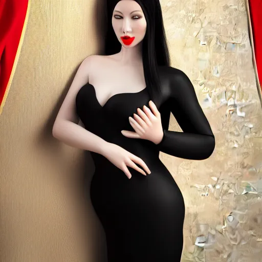 Image similar to complex 3 d render, ultra detailed, realistic photo of a beautiful porcelain skin woman, oval shape face, black long hair, wearing black dress, detailed almond eyes shape, red lipstick, plump lips, beautiful, studio photo, proportional, the grand sala thai on the background