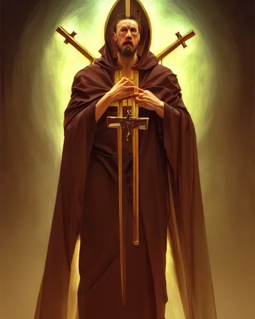 Image similar to realistic portrait of a nasty bishop, inverted cross, evil, heroic pose, beautiful face, bible, full body, dramatic lighting, intricate, wild, highly detailed, digital painting, artstation, concept art, smooth, sharp focus, illustration, art by artgerm and greg rutkowski and alphonse mucha, footage from space camera