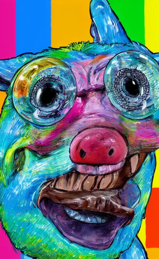 Prompt: a bright and colorful detailed photorealistic painting of a funny looking character. the character is making a silly face and the background is filled with happy looking animals. high quality. photorealistic. hq. hd. 4 k. award winning. trending on artstation