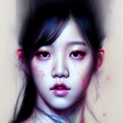 Image similar to jisoo of blackpink, hyperrealistic portrait, bladerunner street, by karol bak and agnes cecile, fantasy art, photo realistic, dynamic lighting, artstation, poster, volumetric lighting, very detailed face, intricate complexity, rule of thirds, 8 k, award winning, unreal engine