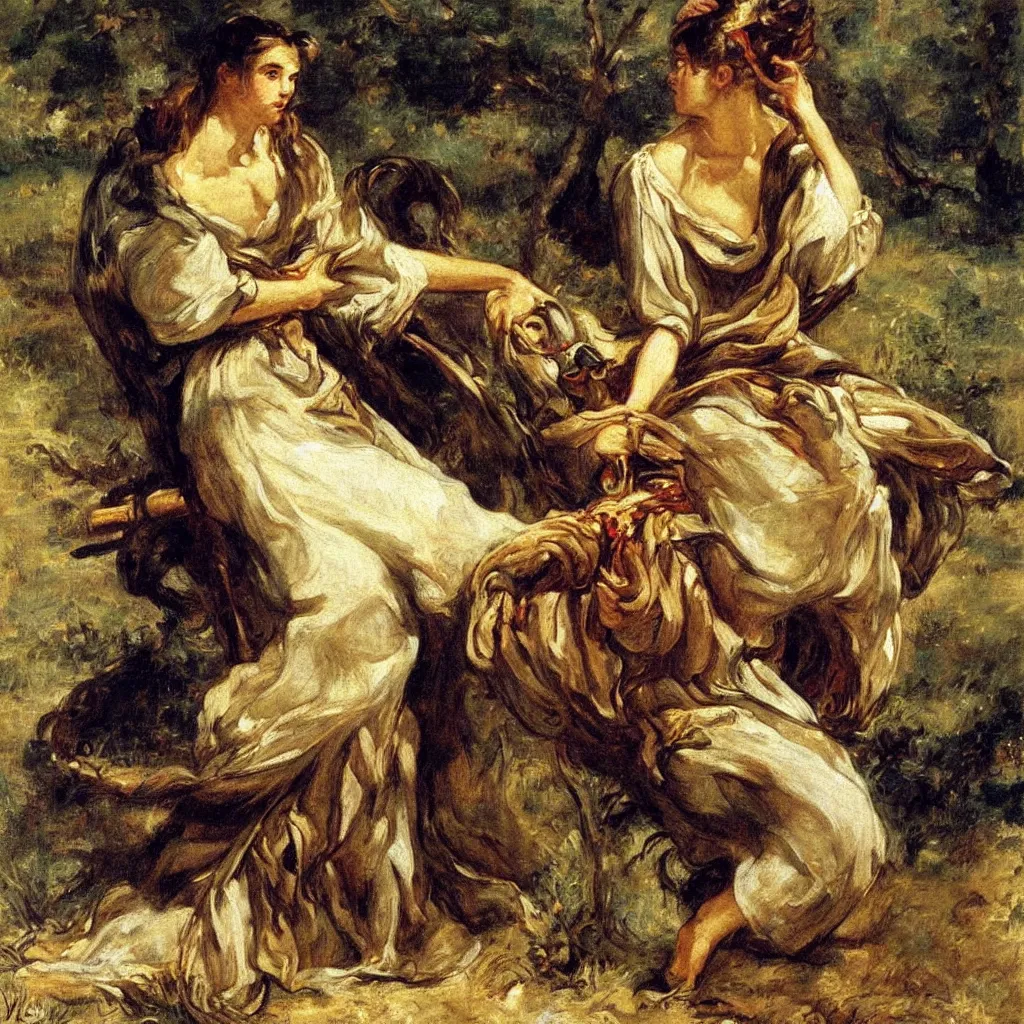 Prompt: A woman holding a bec de corbin and a wagon wheel, loose dress, flowing hair, windy, highly detailed, soft lighting, fantasy concept oil painting by Eugène Delacroix