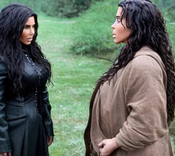 Image similar to a movie still of kim kardashian speaking to hagrid in the movie harry potter