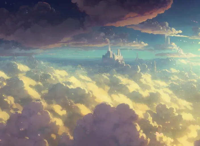 Image similar to floating city on clouds, 8 k, hd, details, fantasy, epic, ancient city, landscape illustration concept art anime key visual trending pixiv fanbox by wlop and greg rutkowski and makoto shinkai and studio ghibli and kyoto animation symmetrical facial features