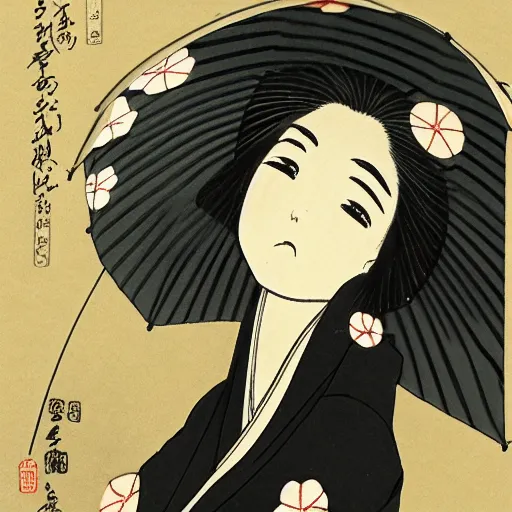 Image similar to a woman in a kimono holding an umbrella, an anime drawing by Kaburagi Kiyokata, featured on pixiv, shin hanga, hellish background, pixiv, official art