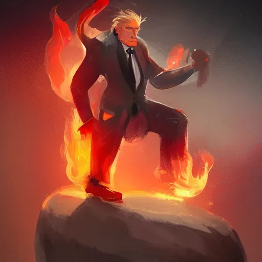 Image similar to fire giant, suit and tie, fire hair, science fiction, d & d, concept art, sharp focus, illustration, character art,