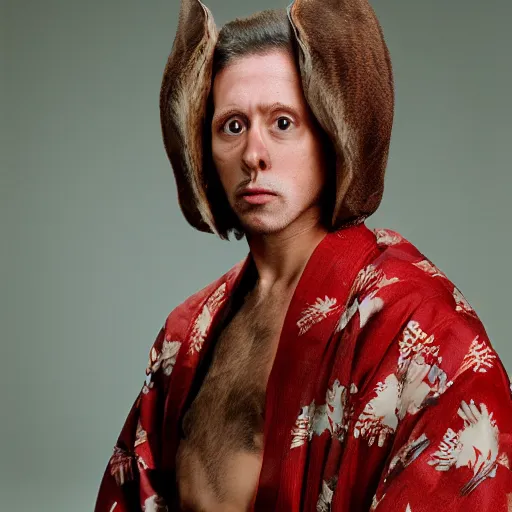 Image similar to a portrait of a human-rat hybrid with brown fur wearing a red kimono, hyper realistic, photography, film still