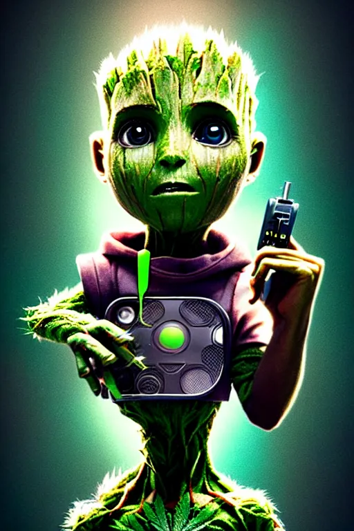 Image similar to duotone concept illustration 3 / 4 portrait of kid face consisting of marijuana, baby groot, cannabis!, high quality 3 d render very cute cyborg weed! incorporated speakers!, cyberpunk highly detailed, unreal engine cinematic smooth, in the style of blade runner & detective pikachu, hannah yata charlie immer, moody light, low angle, uhd 8 k, sharp focus