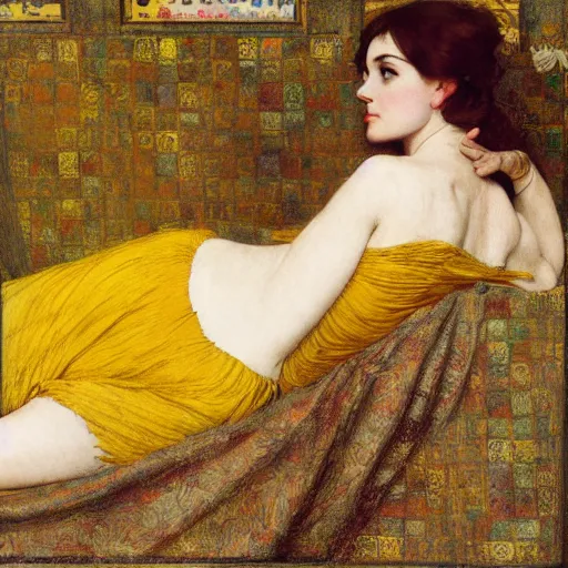 Image similar to portrait reclining on bed, hybrid of judy garland and camilla belle, aged 2 5, brown fringe, wide shot, yellow ochre ornate medieval dress, john william waterhouse, kilian eng, rosetti, john everett millais, william holman hunt, william morris, 4 k