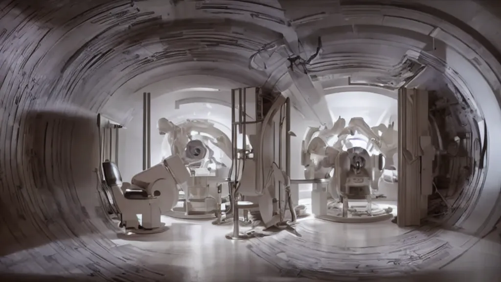 Image similar to an mri image open mri exposed uncovered machine portal in the living room, film still from the movie directed by denis villeneuve with art direction by salvador dali, wide lens