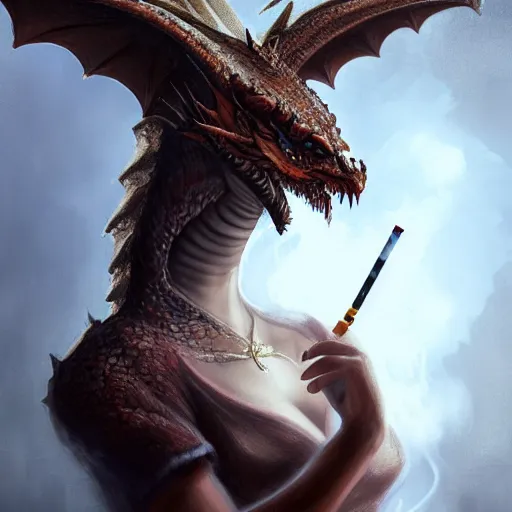 Prompt: portrait, female dragon, wearing dress, smoking cigarette, gorgeous, intricate, elegant, volumetric lighting, scenery, high detail digital art, smooth, tony sart, randy vargas, rembrandt, sharp focus, illustration, concept art