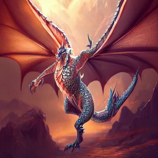 Image similar to Perfectly-centered portrait-photograph of a real life godly dragon creature with shining scales descending from heaven, symmetrical balance, in-frame, full figure lifelike, super highly detailed, professional digital painting, artstation, concept art, Unreal Engine 5, Photorealism, HD quality, 8k resolution, cinema 4d, 3D, beautiful, cinematic, art by artgerm and greg rutkowski and alphonse mucha and loish and WLOP