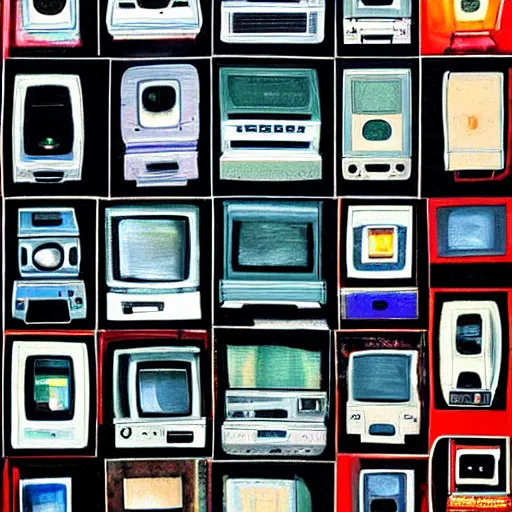 Image similar to array of crt televisions made out of fur, tv static, antenna, stacked, polaroid, steroids, adult video store, impressionist painting, painting, acrylic painting, cell shaded