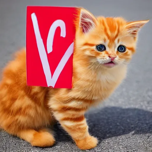 Image similar to cute fluffy orange tabby kitten with a sign that says