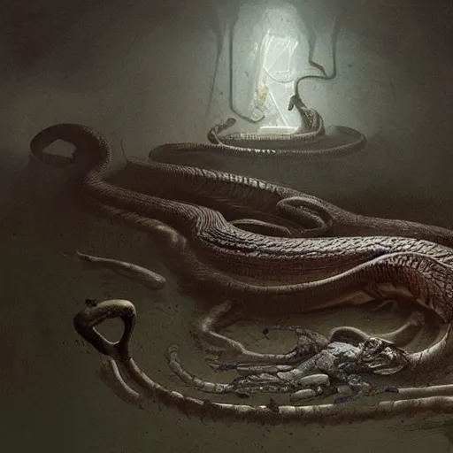 Image similar to a big anaconda in a dark grave sqeezing around a dead body, horror ,digital art,realistic,detailed,art by greg rutkowski