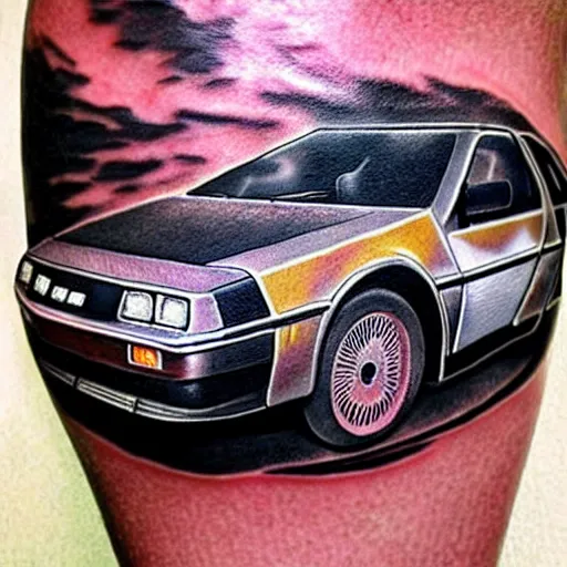 Prompt: a tattoo of delorean from back to the future,