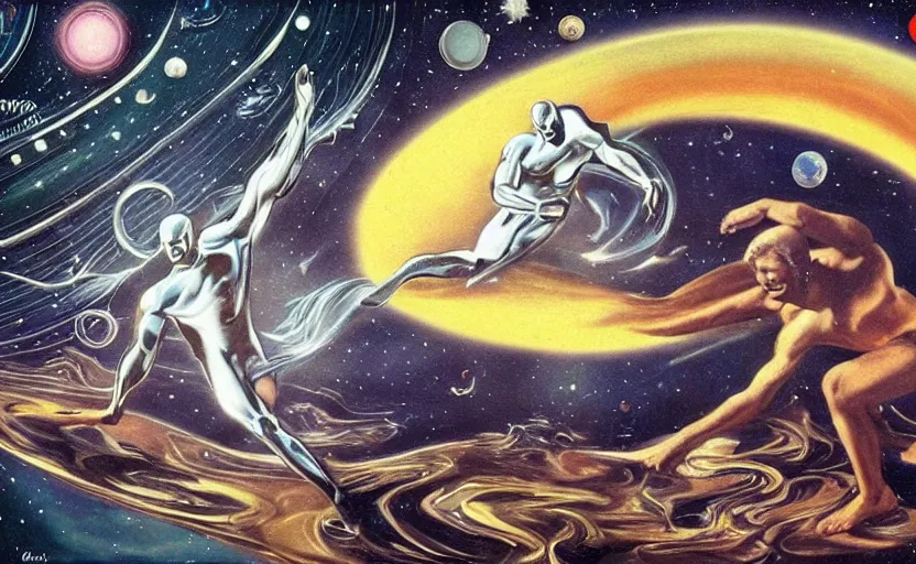 Image similar to silver surfer surfing by planets in space. pulp sci - fi art for omni magazine. high contrast. baroque period, oil on canvas. renaissance masterpiece.