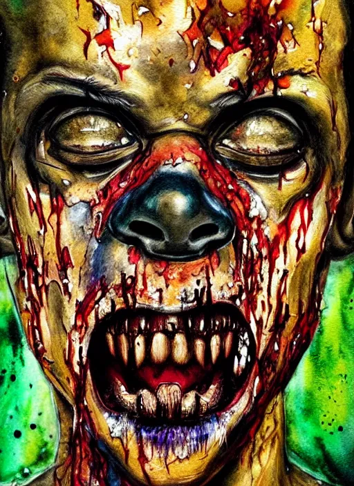 Image similar to african american zombie hollywood artwork professional acting headshot, hyperrealism, intricate detail, studio lighting, charming expression gesicht, hauntingly beautiful zombie, watercolor art, epic, legendary, drawn and painted, colored layers, dulled contrast, exquisite fine art, splatterpaint