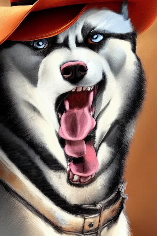 Prompt: a portrait painting of a husky in cowboy costume in the style of anime, [ western film ], [ character design ], humanoid, personify, anthropomorphic, trending on artstation, [ the sims 4 ]