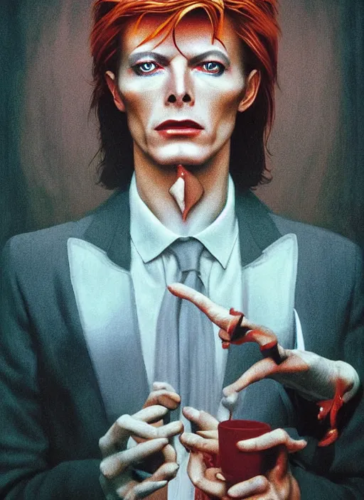 Image similar to twin peaks poster art, portrait of david bowie lost in the labyrinth of the red room, other dimension, this is his fate for the next two years, by michael whelan, rossetti bouguereau, artgerm, retro, nostalgic, old fashioned