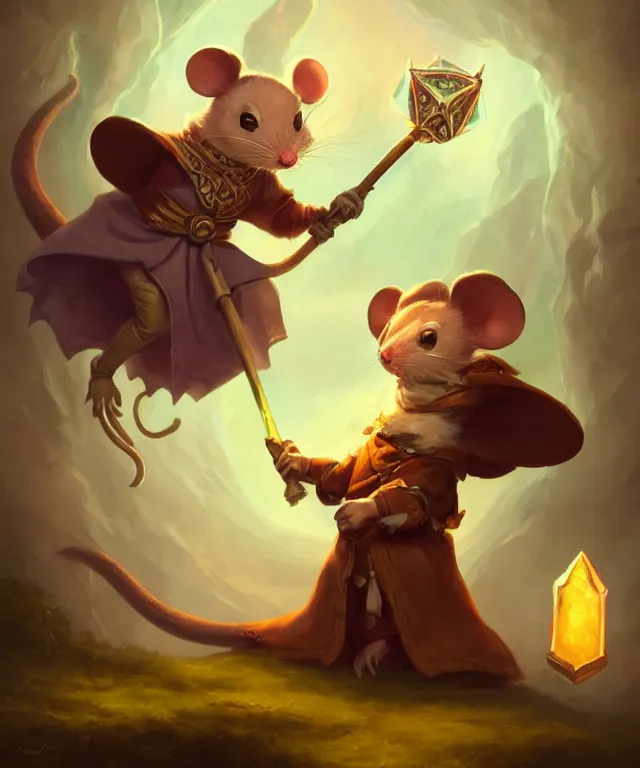 Image similar to anthropomorphic mouse mage, mage cloak, holding a large prismatic staff, standing in a beautiful landscape, cute and adorable, dnd character art portrait, matte fantasy painting, deviantart artstation, by jason felix by steve argyle by tyler jacobson by peter mohrbacher, cinematic lighting