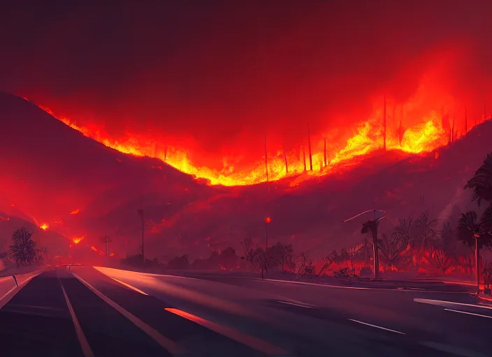 Image similar to beautiful and terrible fires of los angeles, atmoshperic, sharp focus, dark road, red sun, huge lips, trending on artstation, intricate details