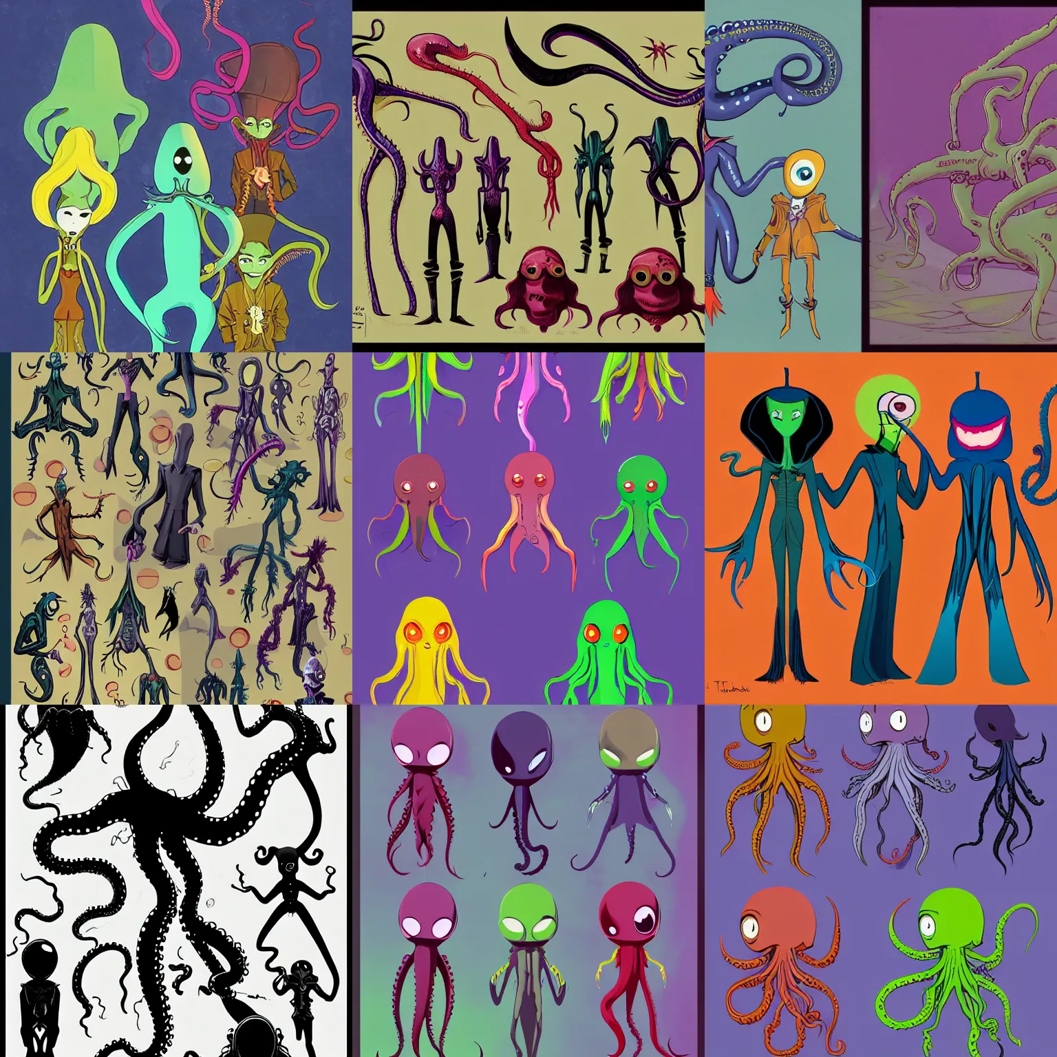 Prompt: vintage colorful tall lean vampire ninja aliens with big black alien eyes and a squid beak with three webbed tentacle arms and skinny thin human legs inspired by Ursala from Disneys the little mermaid as playable characters design sheets for the newest psychonauts video game made by double fine done by tim shafer that focuses on an ocean setting with help from the artists of odd world inhabitants inc and Lauren faust from her work on dc superhero girls and lead artist Andy Suriano from rise of the teenage mutant ninja turtles on nickelodeon using artistic cues for the game fret nice and art direction from the Sony 2018 animated film spiderverse