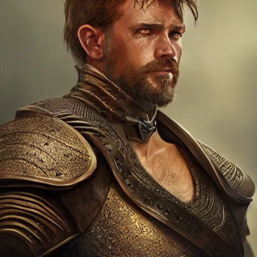 Image similar to A highly detailed and realistic D&D character portrait, male human fighter, top-rated on artstation, by Anke Eissmann and Craig Mullins, 50mm lens, studio lighting