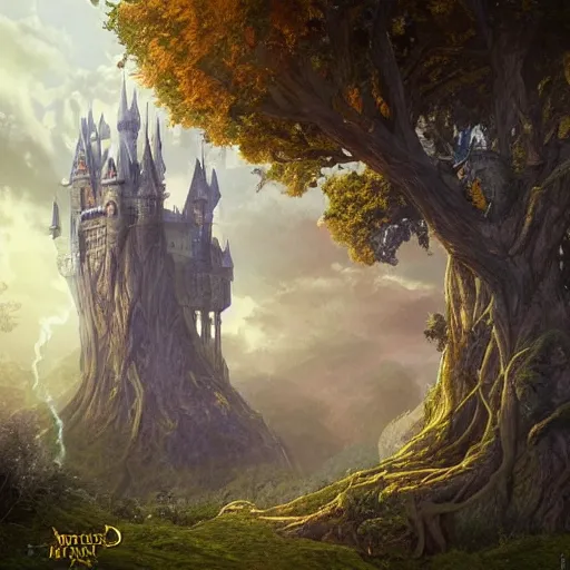 Image similar to “a magic academy, similar to Hogwarts and Strixhaven, with a giant tree in the background, yggdrasil, D&D, fantasy, intricate, cinematic lighting, highly detailed, digital painting, artstation, concept art, smooth, sharp focus, illustration, art by Artgerm and Greg Rutkowski and Alphonse Mucha”