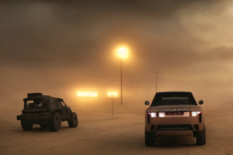 Prompt: A cinematic film still of a Land Rover in the movie Blade Runner: 2049.