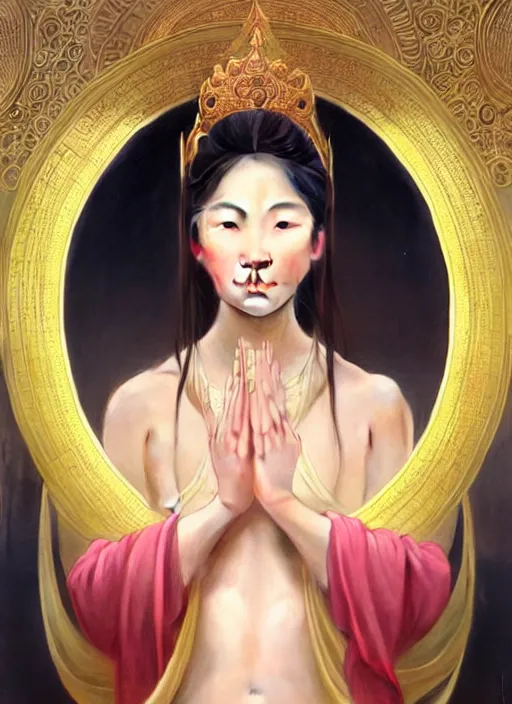 Image similar to perfectly feminine face!! portrait of an asian goddess blessed by a nature goddess with ever - increasing physical mental perfection, blonde, symmetrical! intricate, sensual features, highly detailed, biblical divine holy perfection!! digital painting, artstation, concept art, smooth, sharp focus, illustration, art by artgerm and greg rutkowski and alphonse mucha