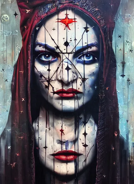 Image similar to tripping cult magic psychic woman, subjective consciousness psychedelic, epic occult ritual symbolism story iconic, dark robed witch, oil painting, robe, symmetrical face, greek dark myth, by Sandra Chevrier, Anna Dittman, masterpiece