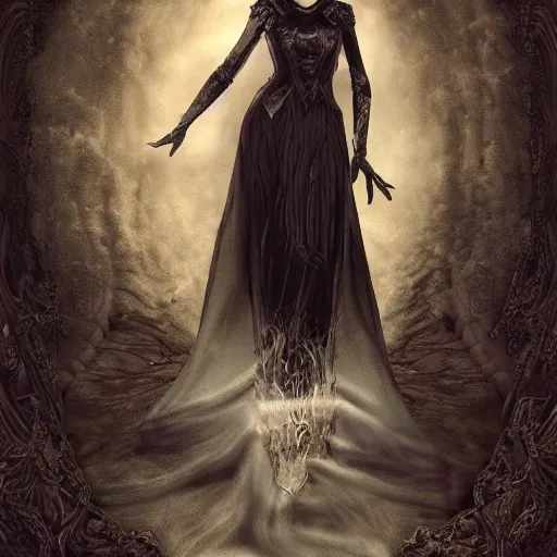 Image similar to full length portrait of a woman with timeless beauty & breathtaking eyes dressed in gothic attire, intricate digital art, elegant, DSLR 8K, biblical art, realism, incomprehensible detail, final fantasy & silent hill aesthetic, photorealistic, lifelike, created by Razaras on deviantart