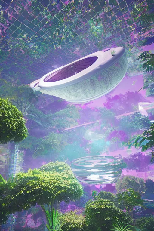 Image similar to multi level botanical garden spaceship floating in space, calm, tranquil, faded effect, detailed, vaporwave colors, render by substance designer